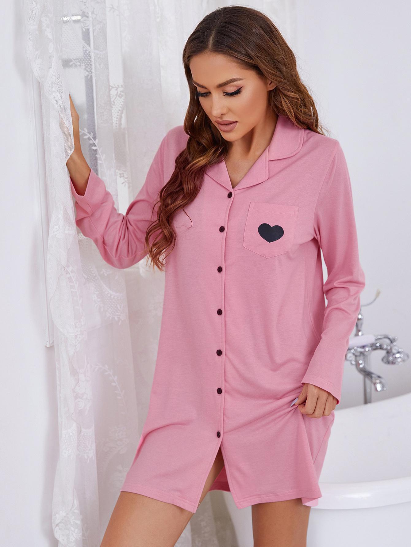 heart graphic lapel collar long sleeve night dress