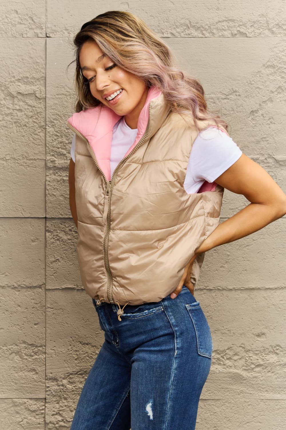 zip-up drawstring puffer vest