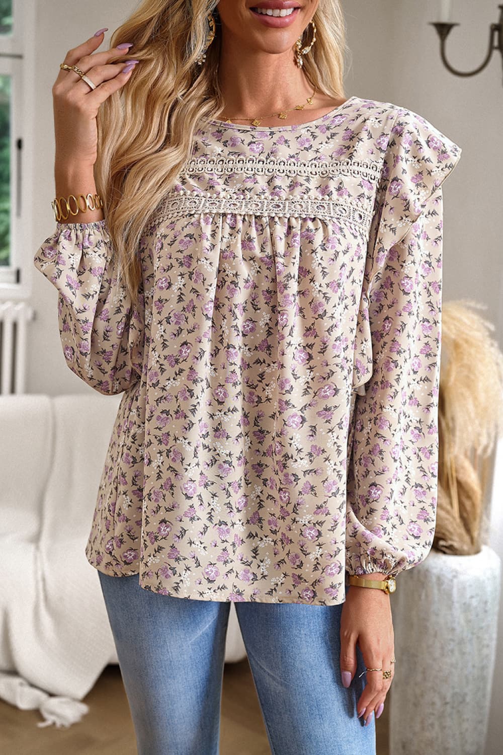 printed round neck long sleeve blouse