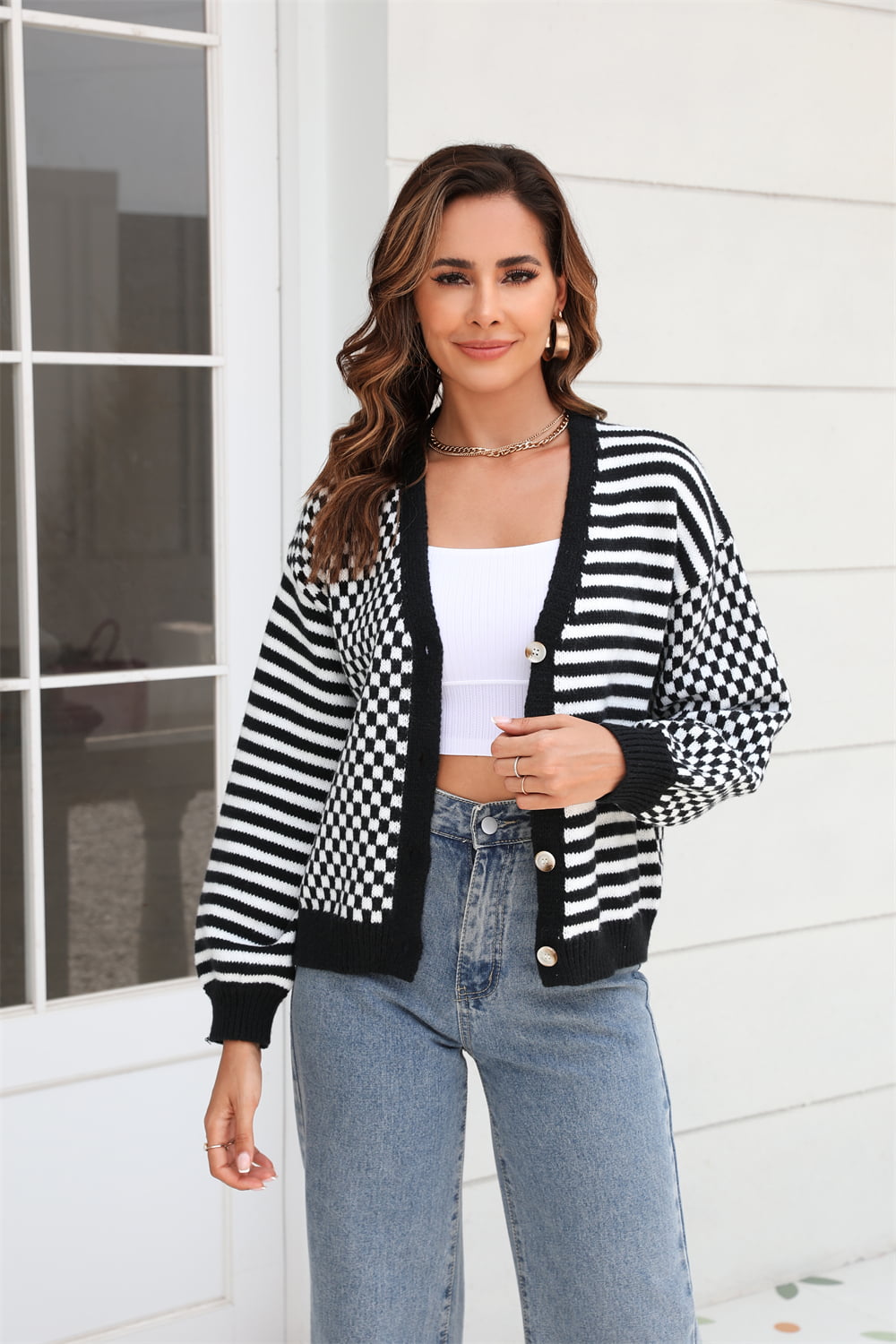 button-down stripe & plaid contrast pattern cardigan