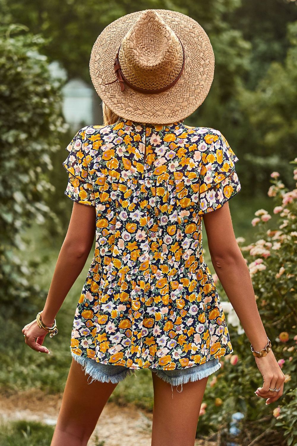 round neck flutter sleeve peplum blouse