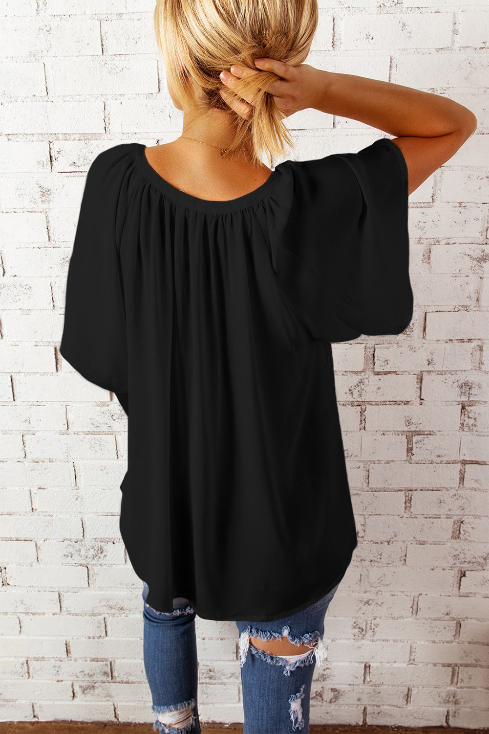 gathered detail notched neck flutter sleeve top