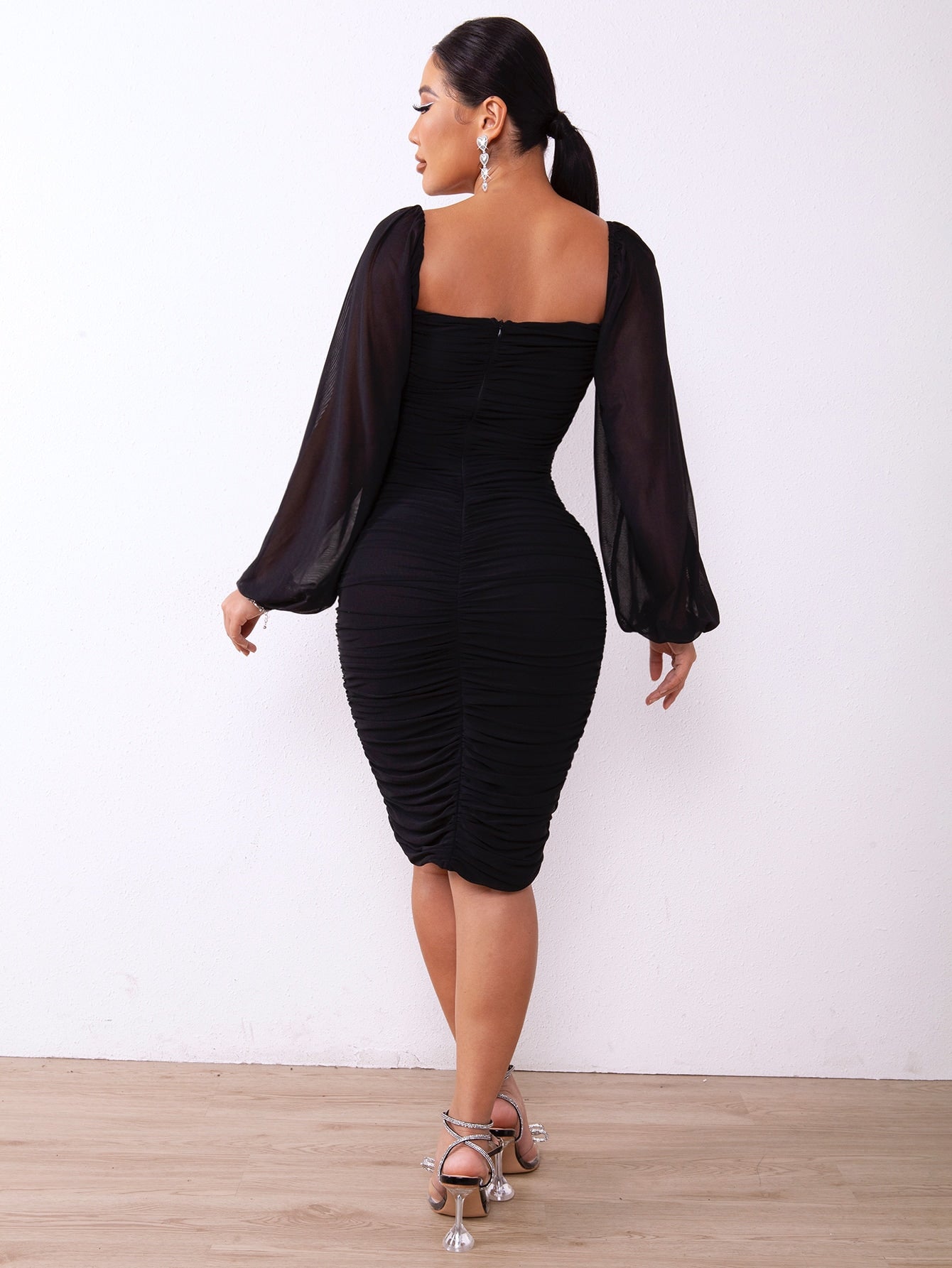 zip-back ruched bodycon dress