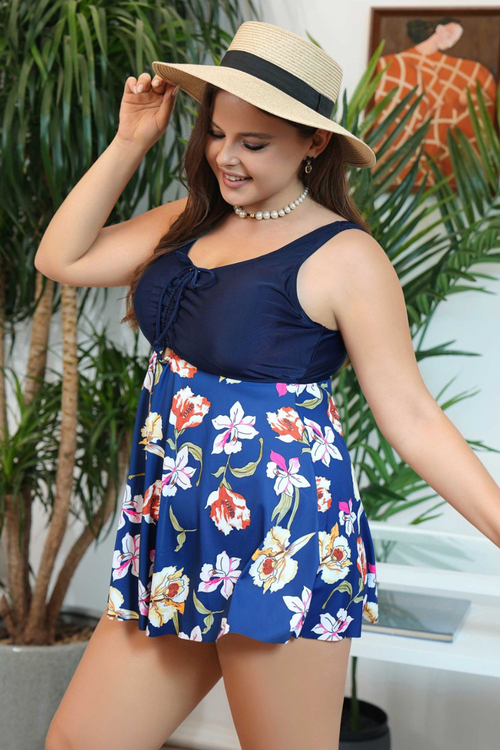 plus size floral ruched sleeveless swim top