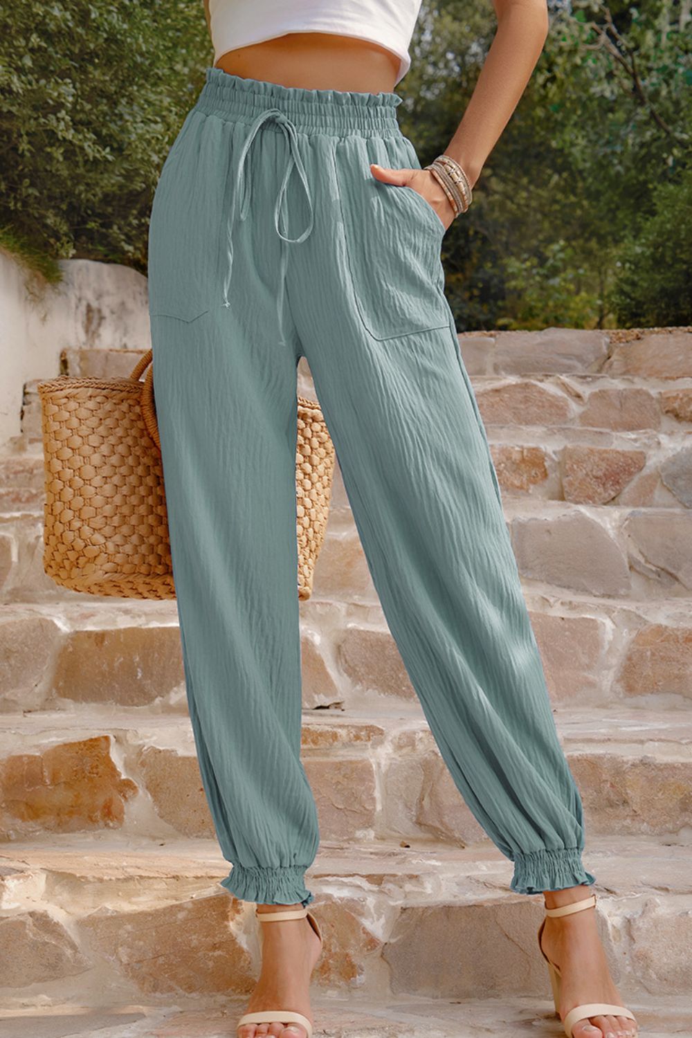 textured smocked waist pants with pockets