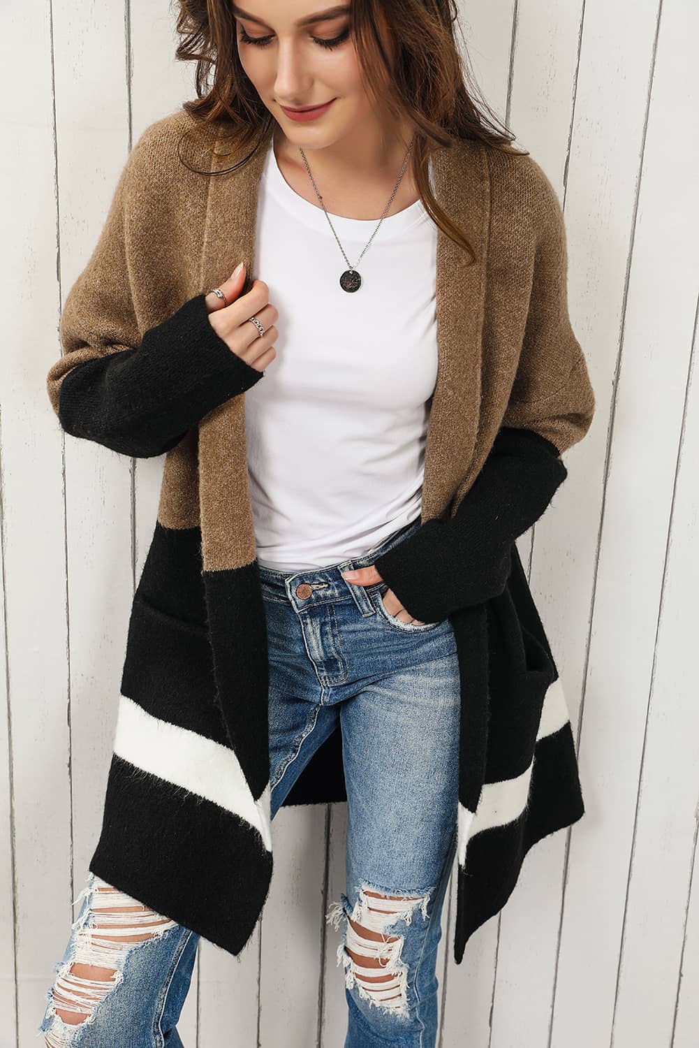 color block dropped shoulder longline cardigan