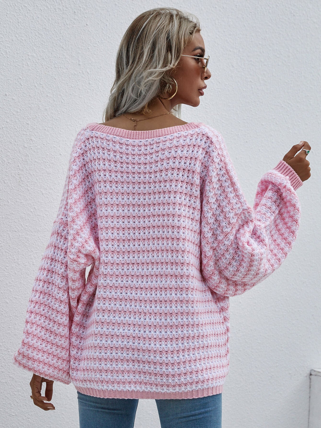 striped drop shoulder v-neck pullover sweater