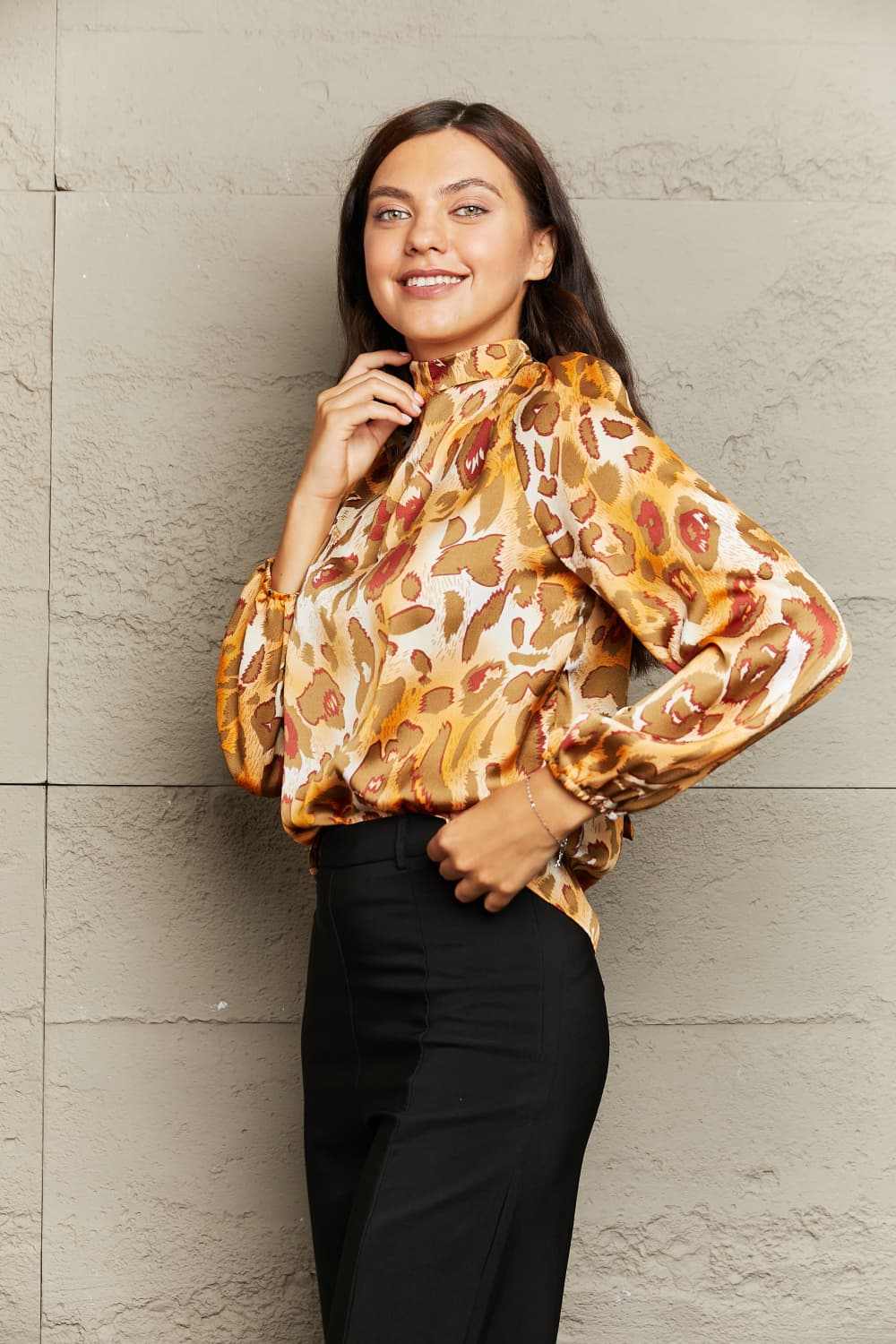 printed mock neck long sleeve blouse