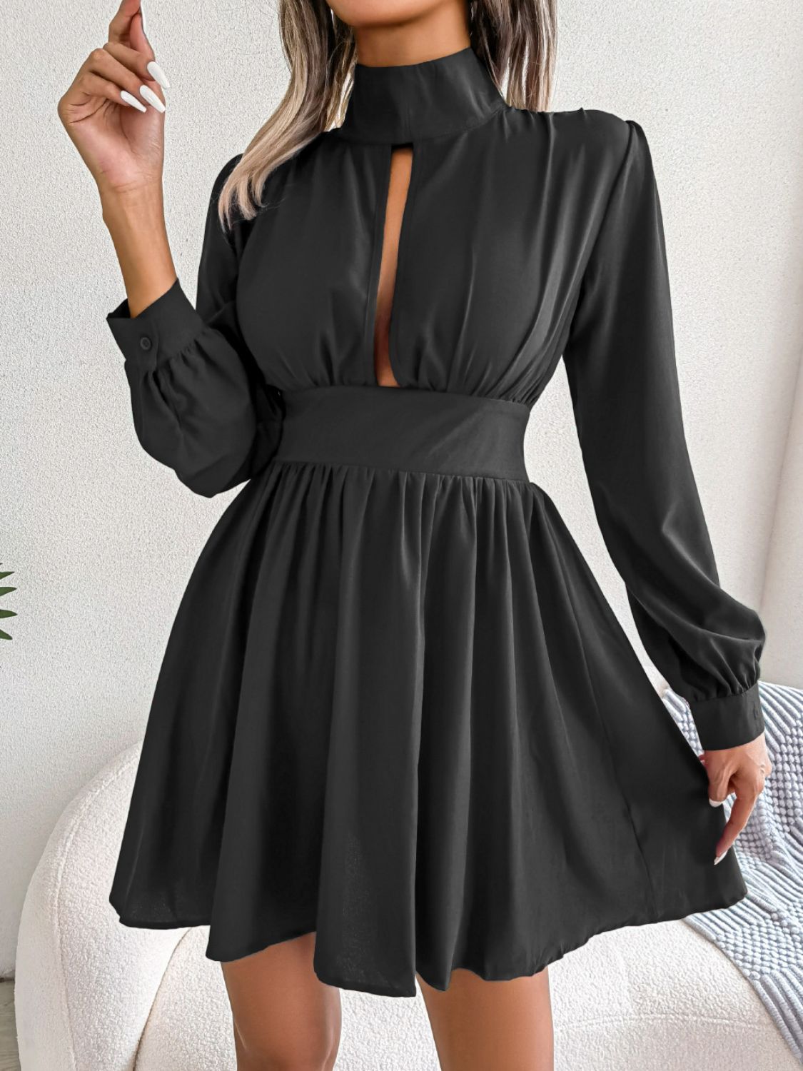 cutout turtleneck a-line mini dress