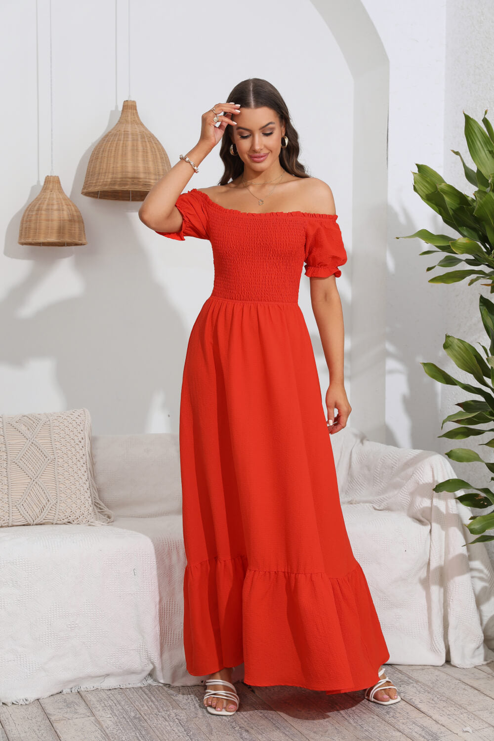 smocked off-shoulder maxi dress