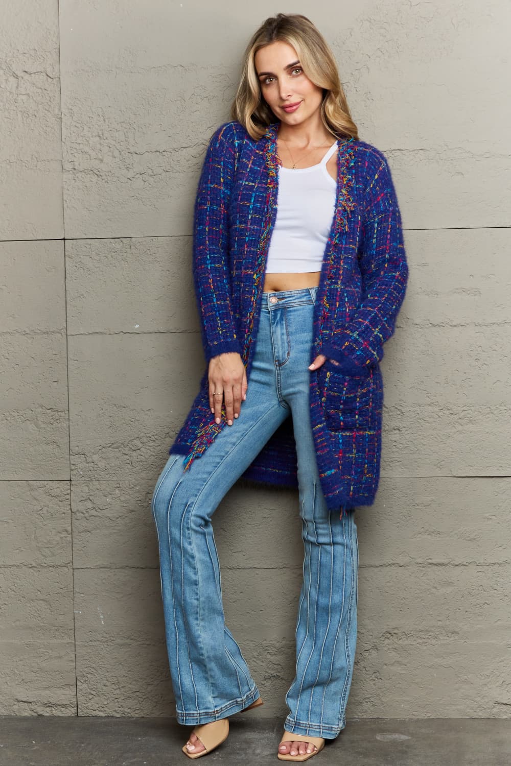 plaid fringe trim open front longline cardigan