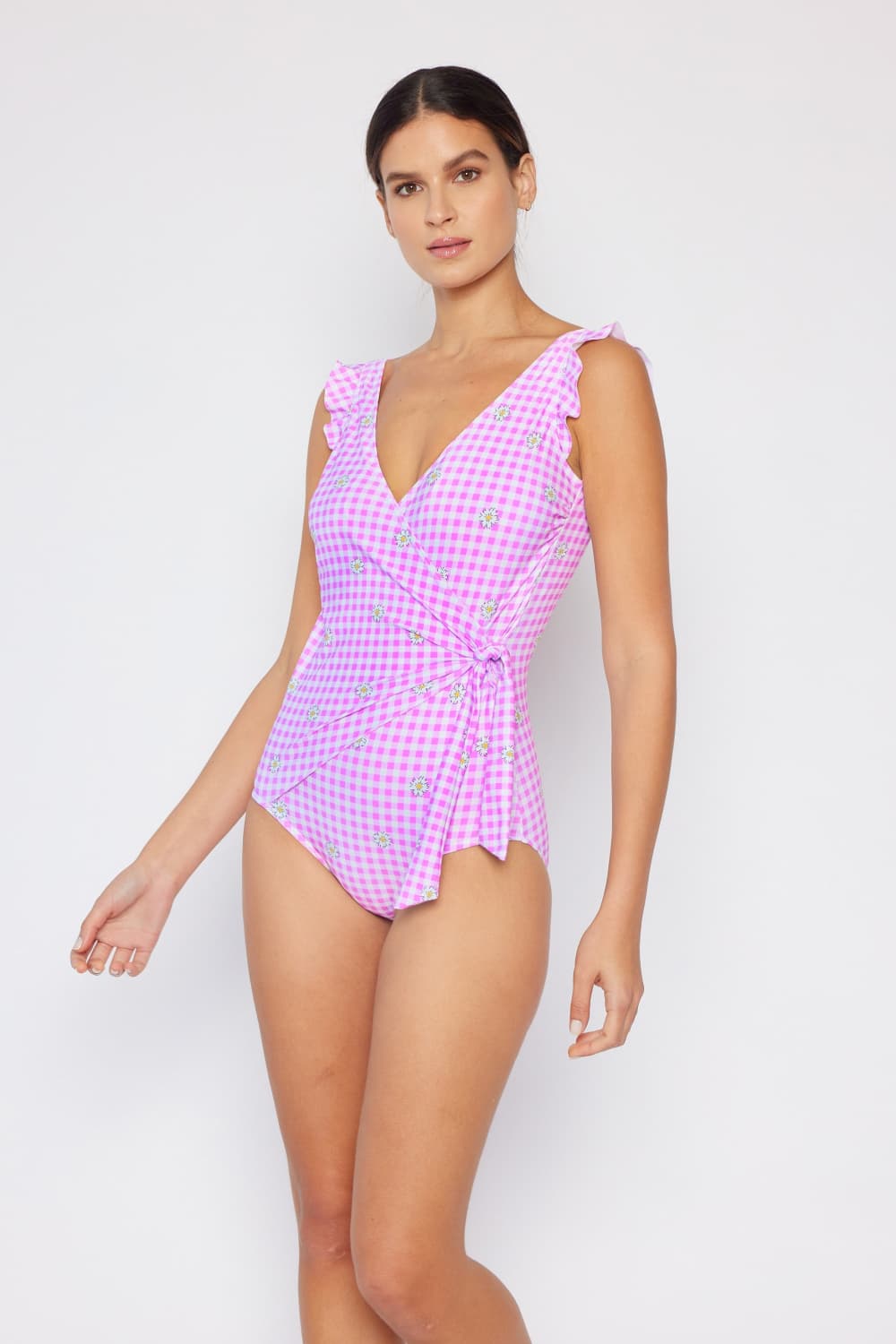 marina west swim full size float on ruffle faux wrap one-piece in carnation pink