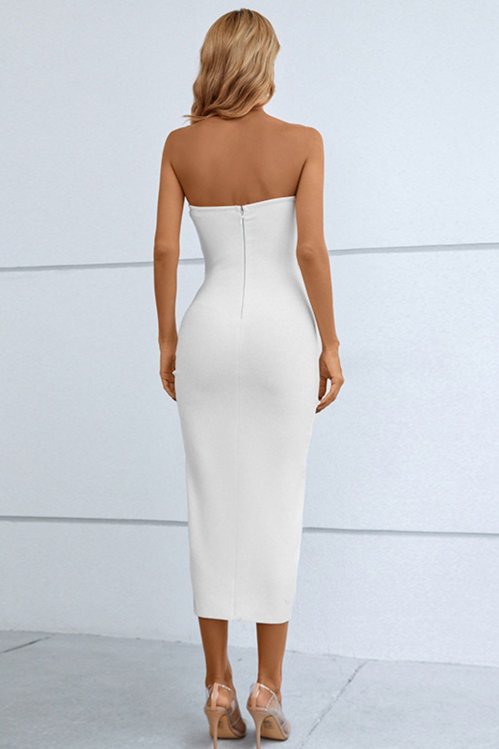 cutout strapless drawstring detail split bandage dress