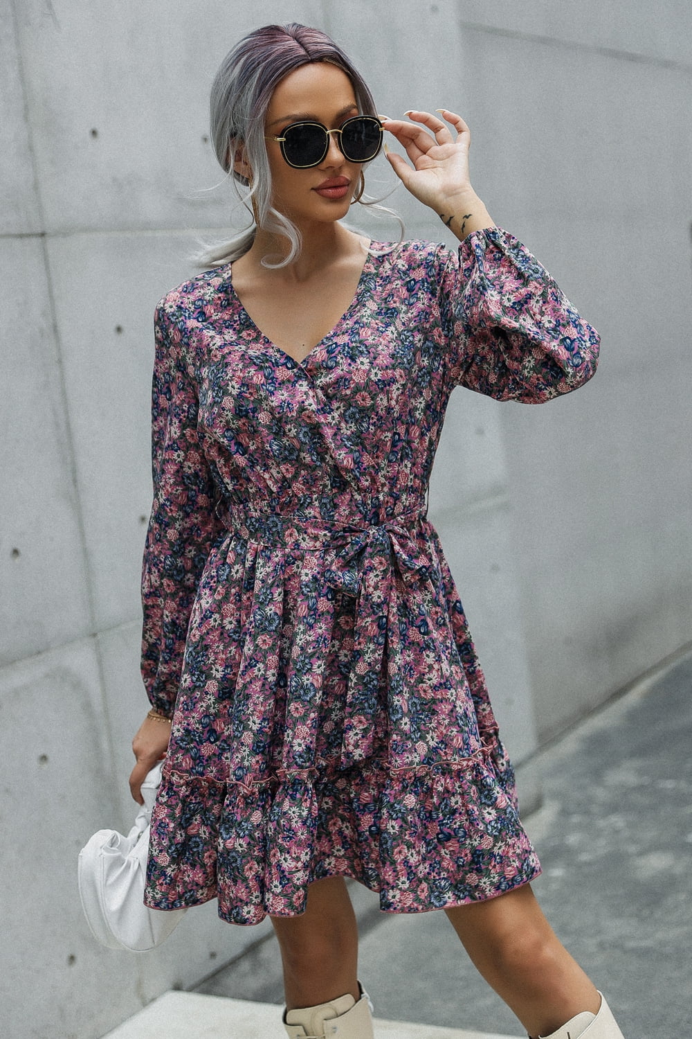 floral print tie waist surplice neck mini dress