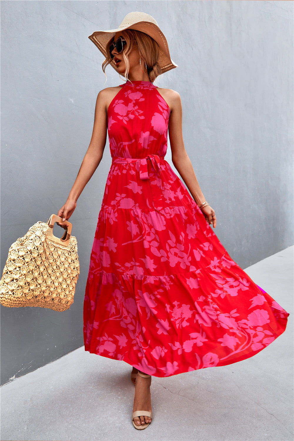 printed sleeveless tie waist maxi dress