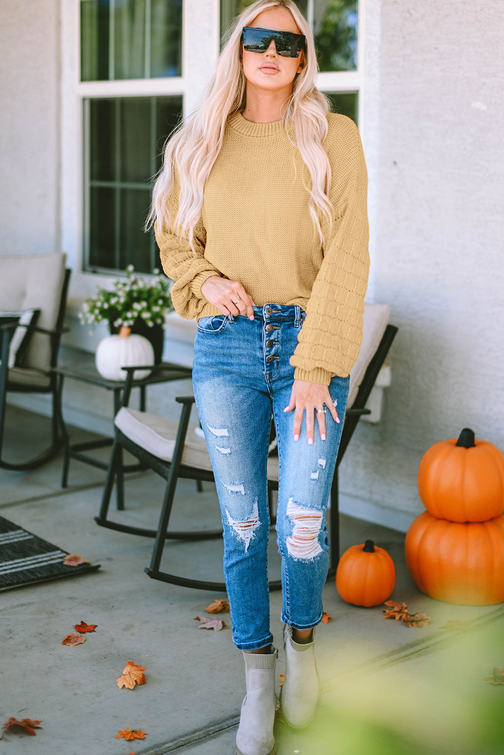 round neck dropped shoulder waffle-knit sweater