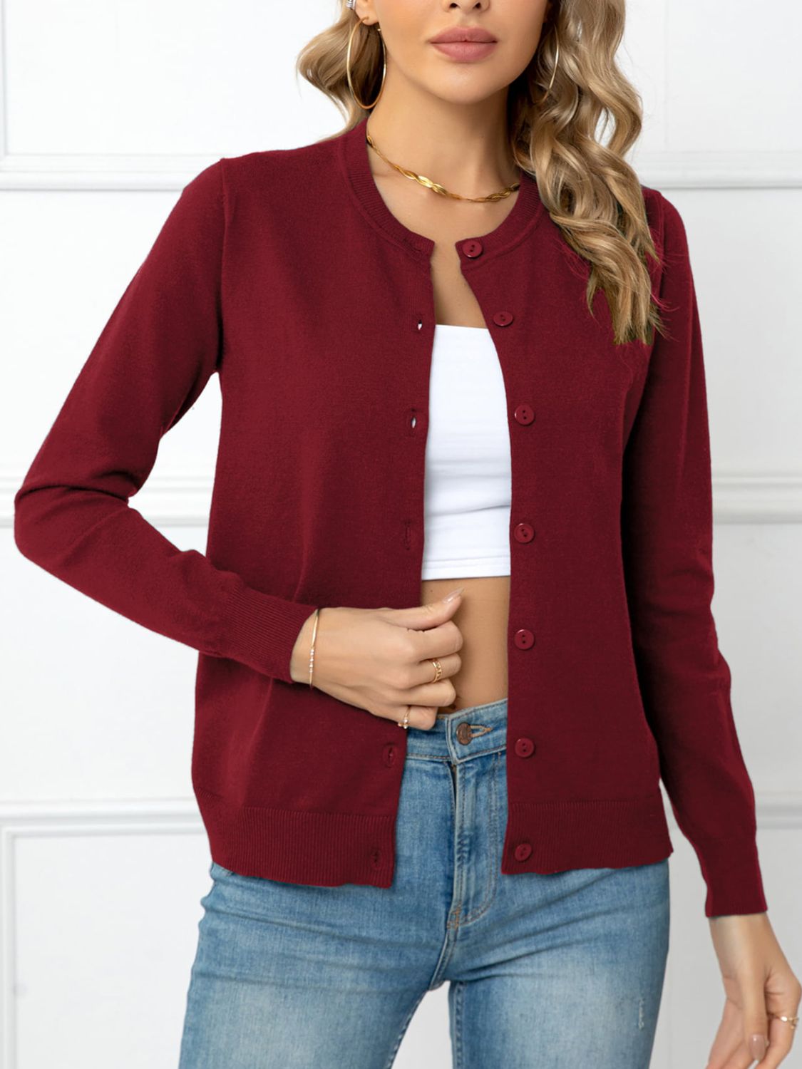 button down round neck cardigan