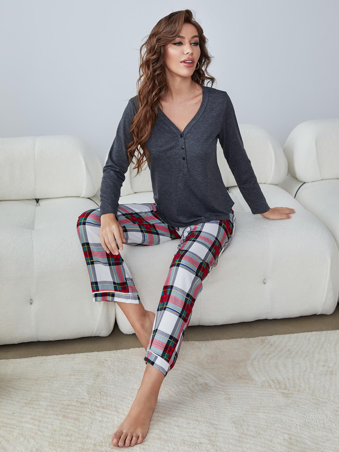 buttoned long sleeve top and plaid pants lounge set