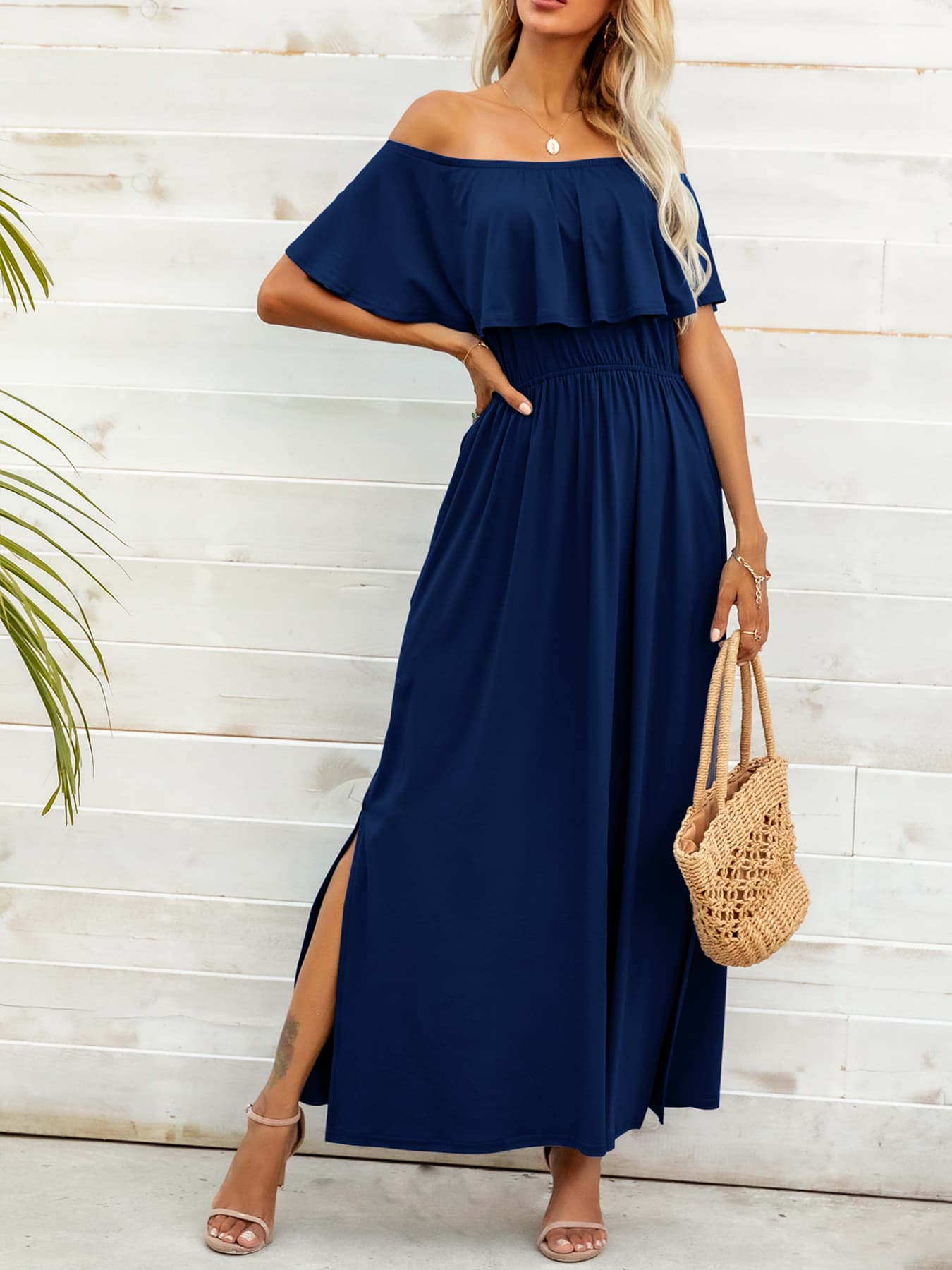 off-shoulder slit maxi dress