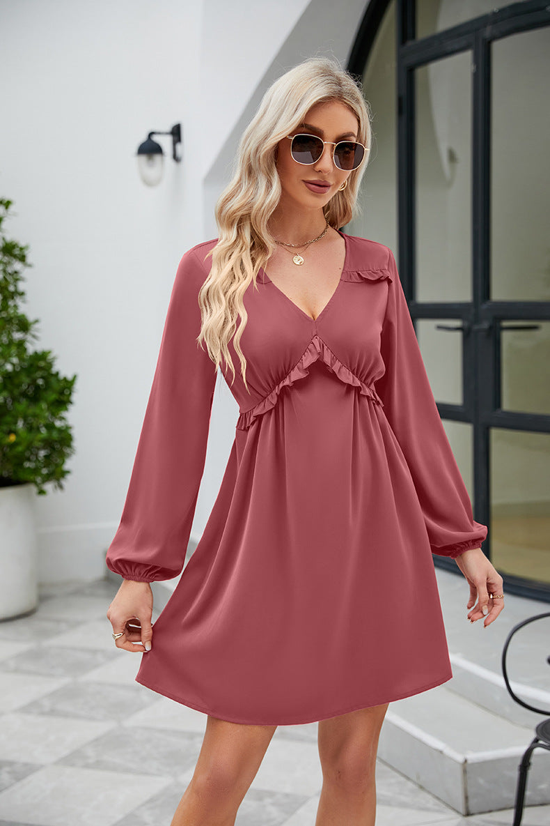 frill trim v-neck long sleeve dress