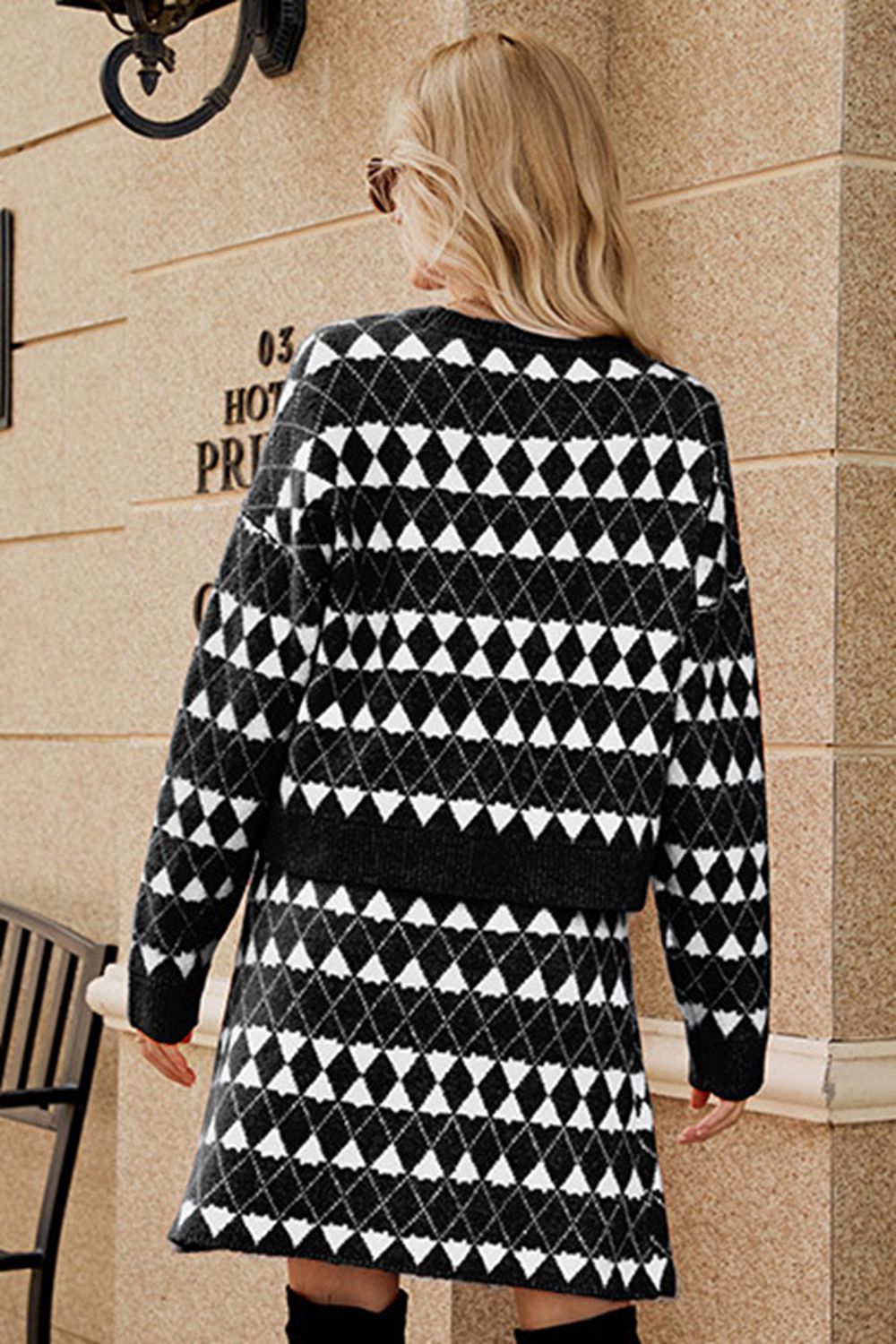 geometric dropped shoulder cardigan and knit skirt set