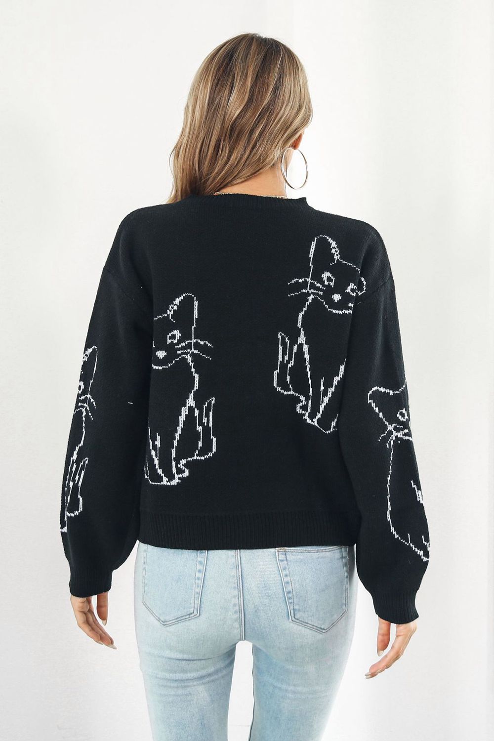 cat pattern round neck long sleeve pullover sweater