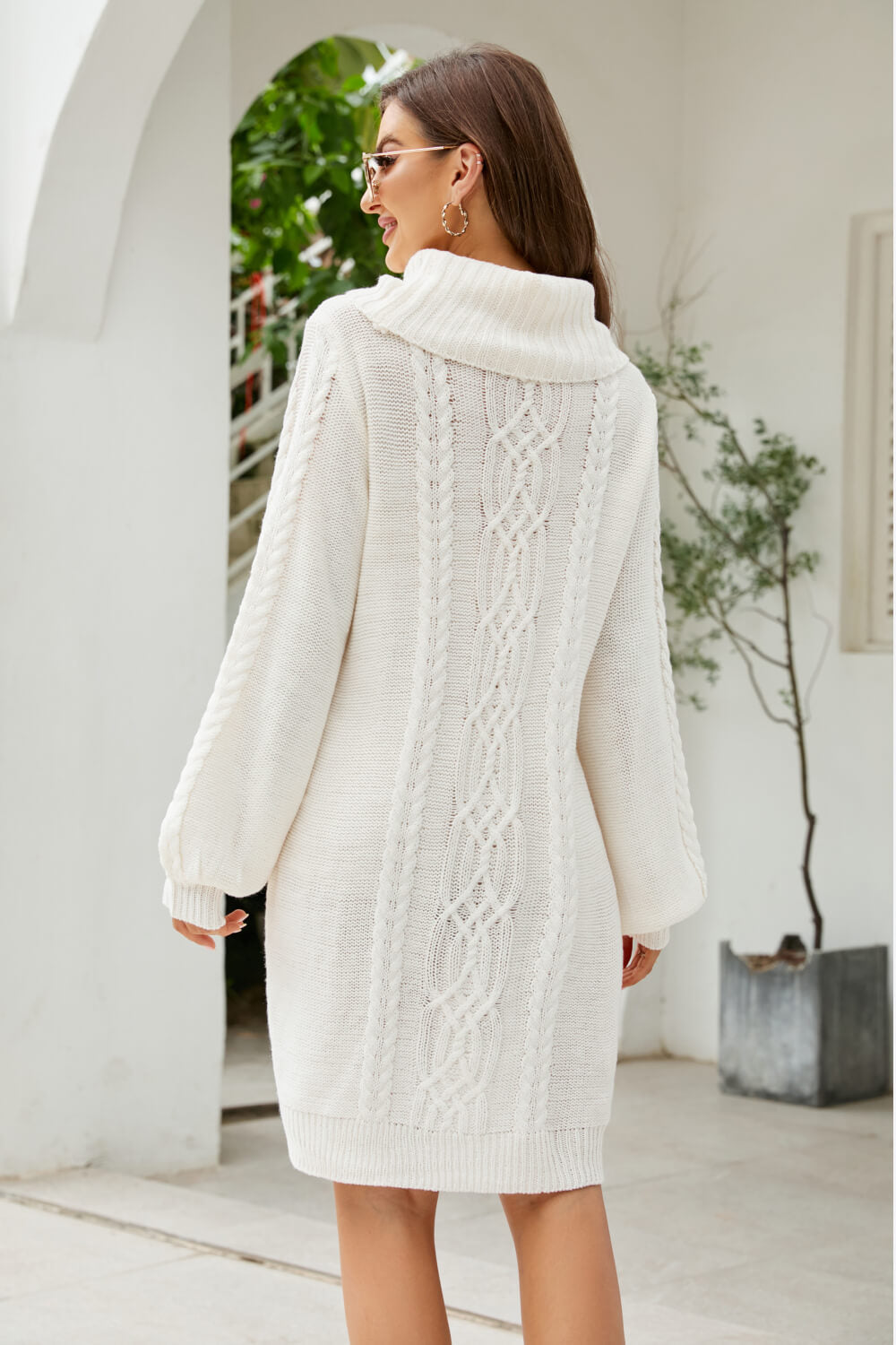 woven right mixed knit turtleneck lantern sleeve sweater dress