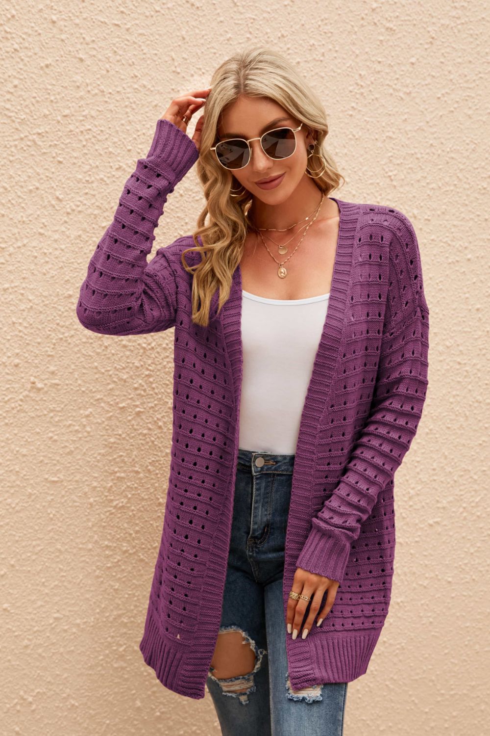 openwork horizontal ribbing open front cardigan