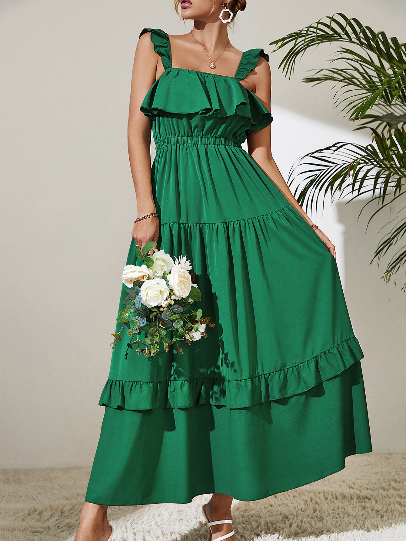 square neck ruffled maxi dress