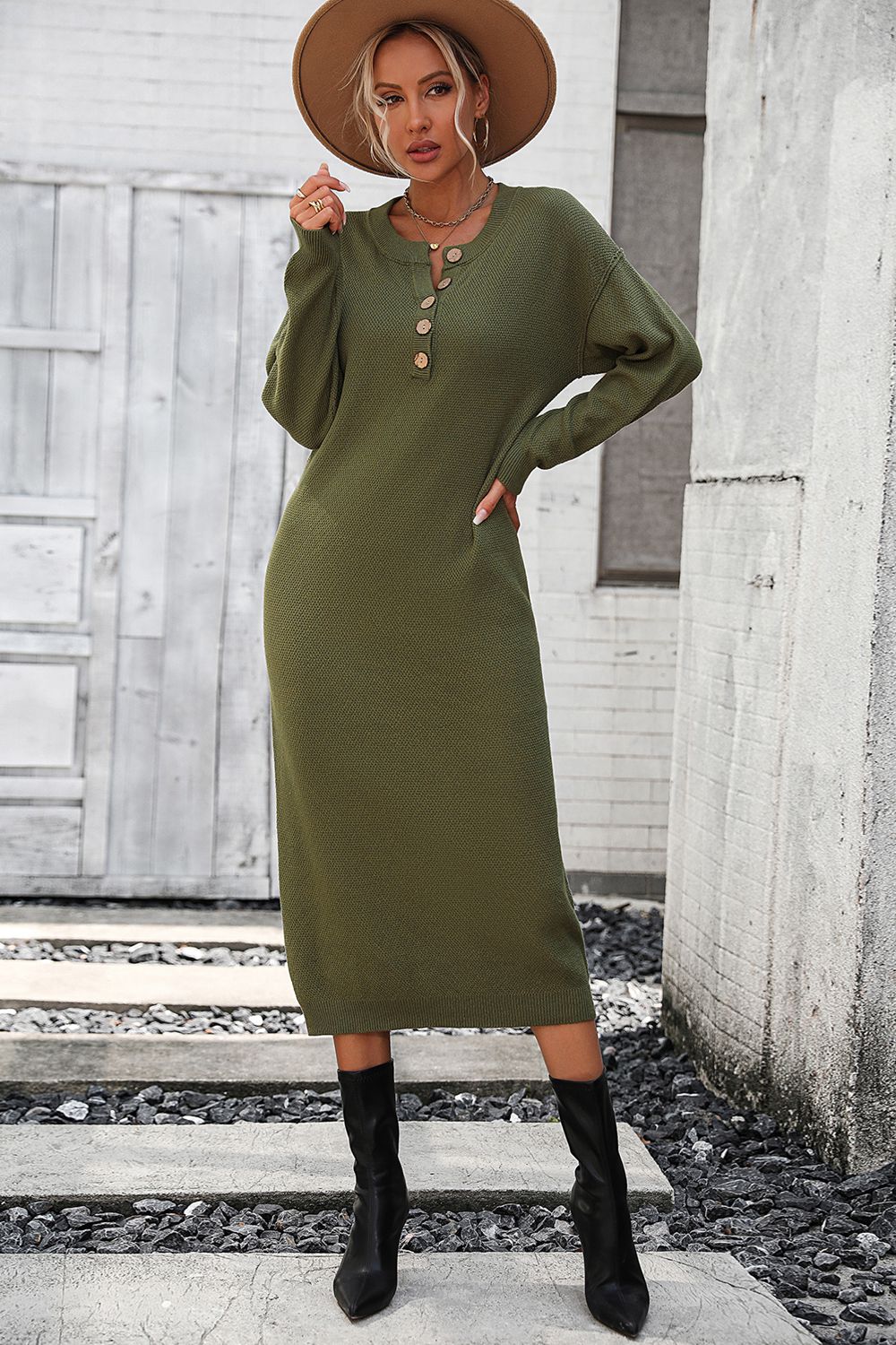 notched neck dropped shoulder button-down midi dress