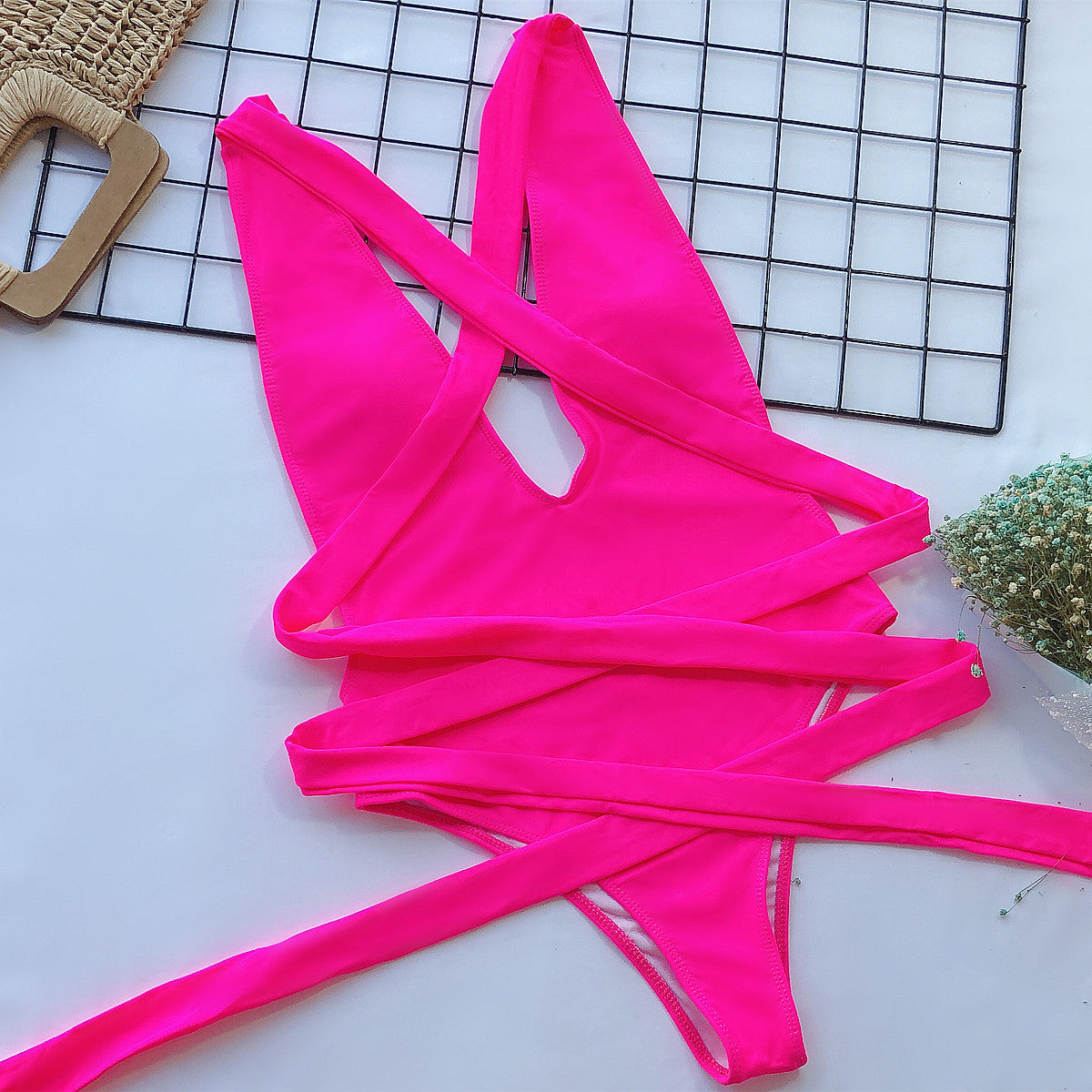 halter neck deep v tied one-piece swimsuit