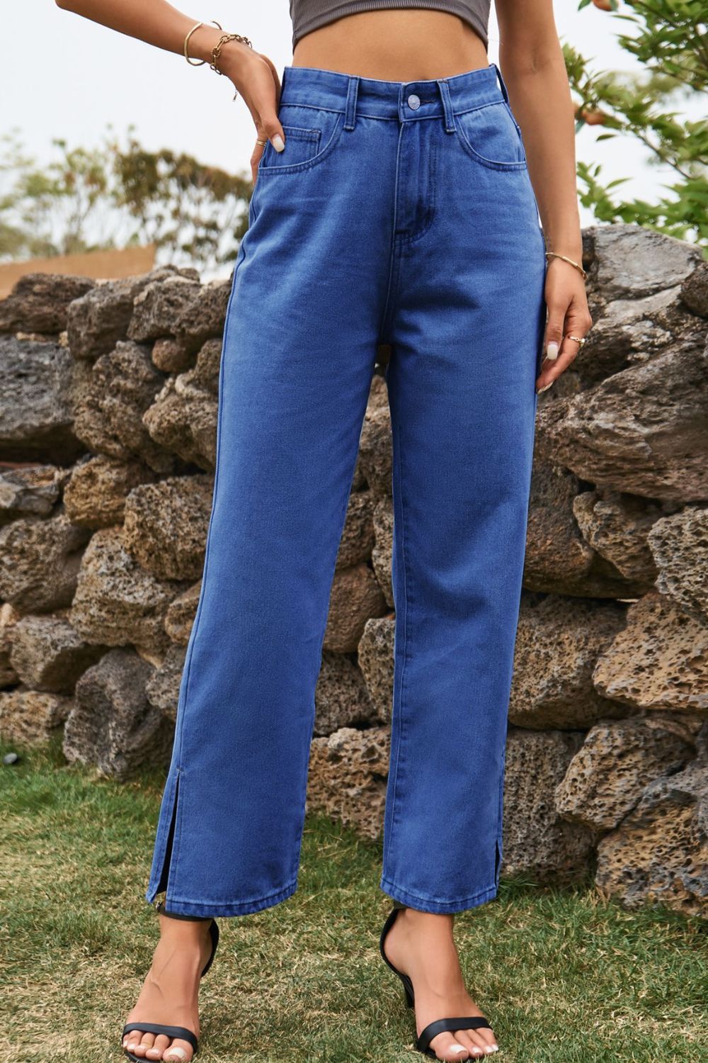 high waist loose fit ankle slit jeans