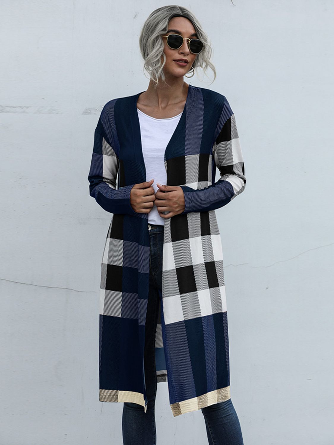 plaid open front longline cardigan