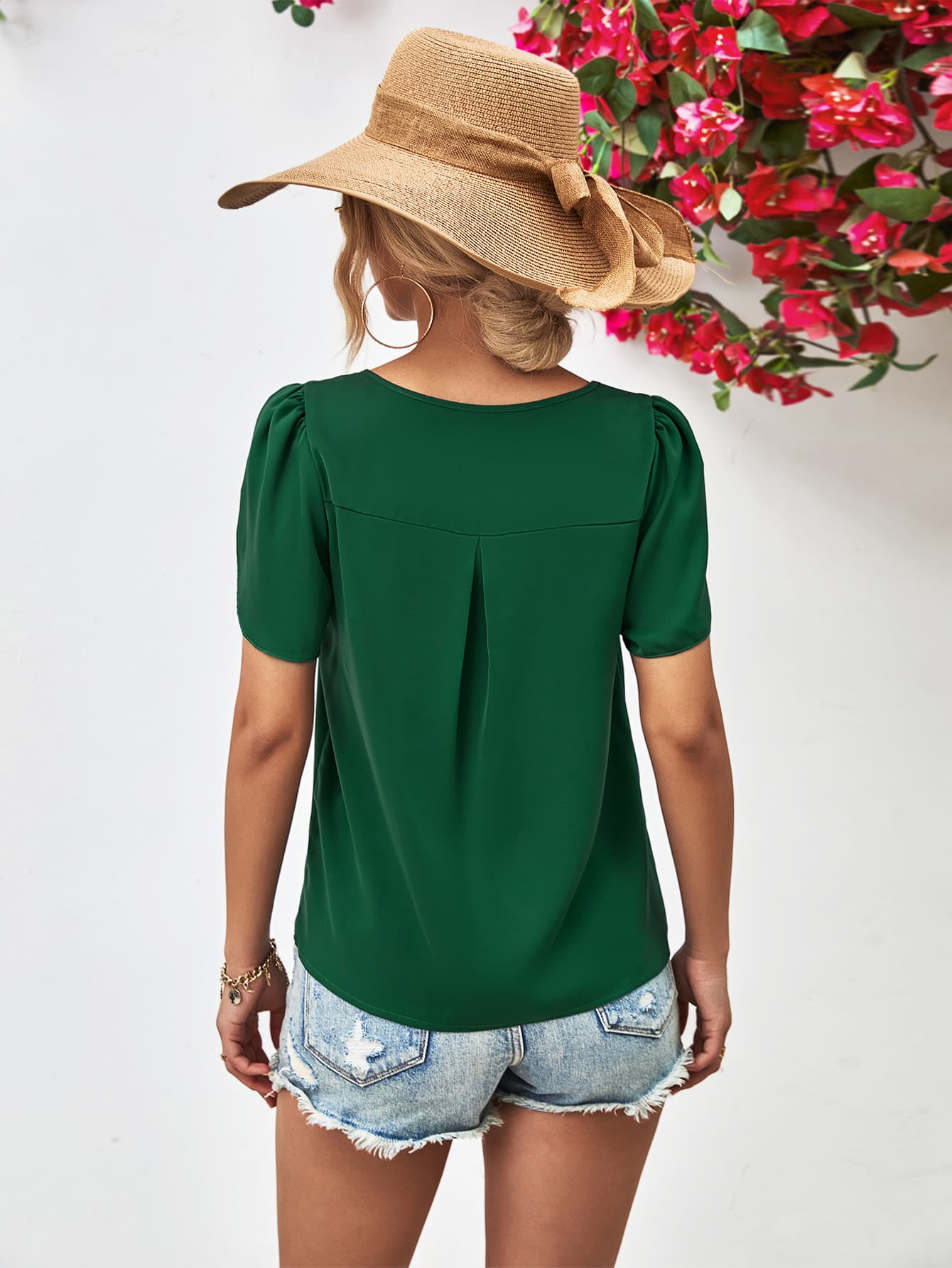 cutout round neck petal sleeve blouse