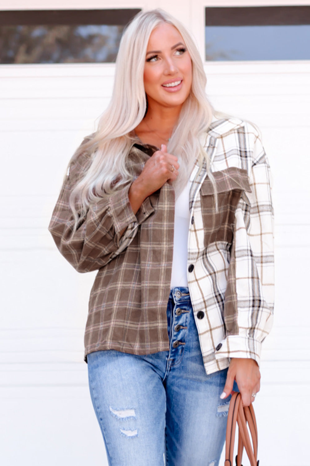 plaid contrast button up shirt jacket