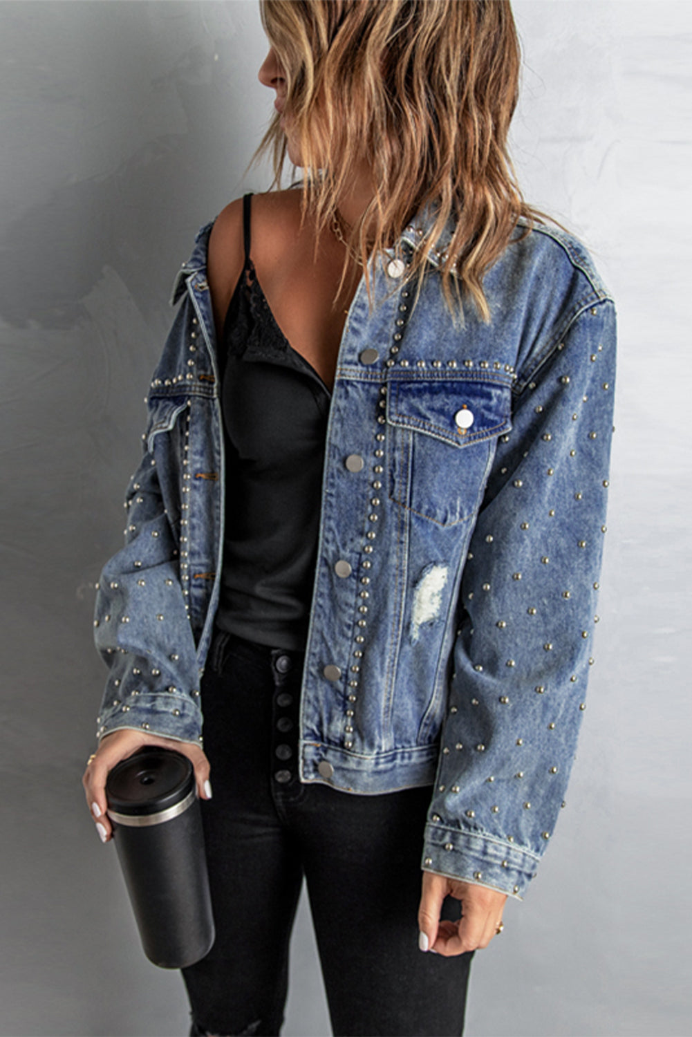 studded button down denim jacket