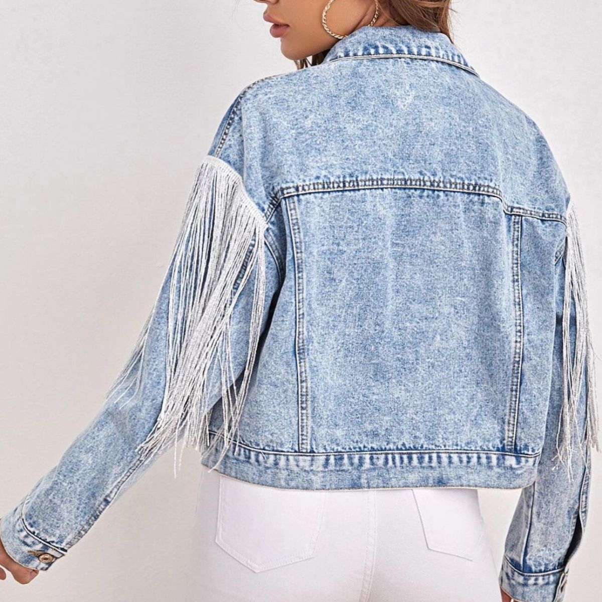 fringe detail collared neck long sleeve denim jacket