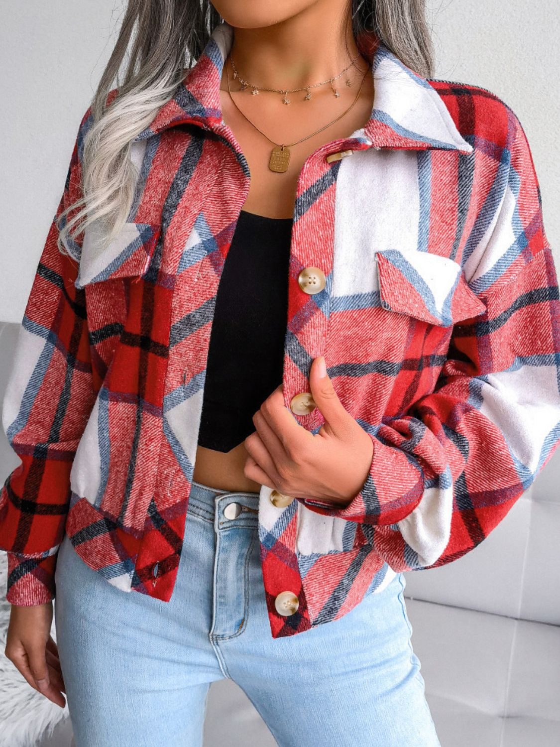 plaid collared neck drop shoulder jacket