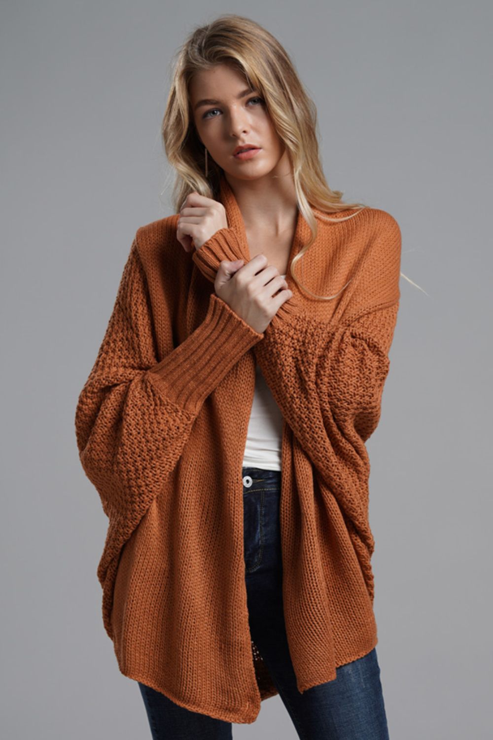 double take dolman sleeve open front ribbed trim longline cardigan