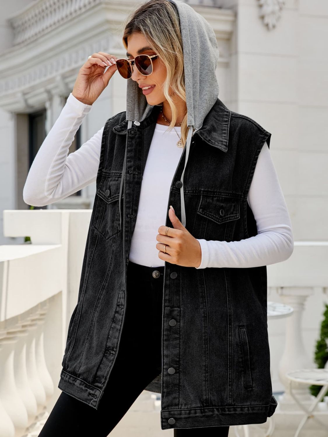 drawstring hooded sleeveless denim top with pockets