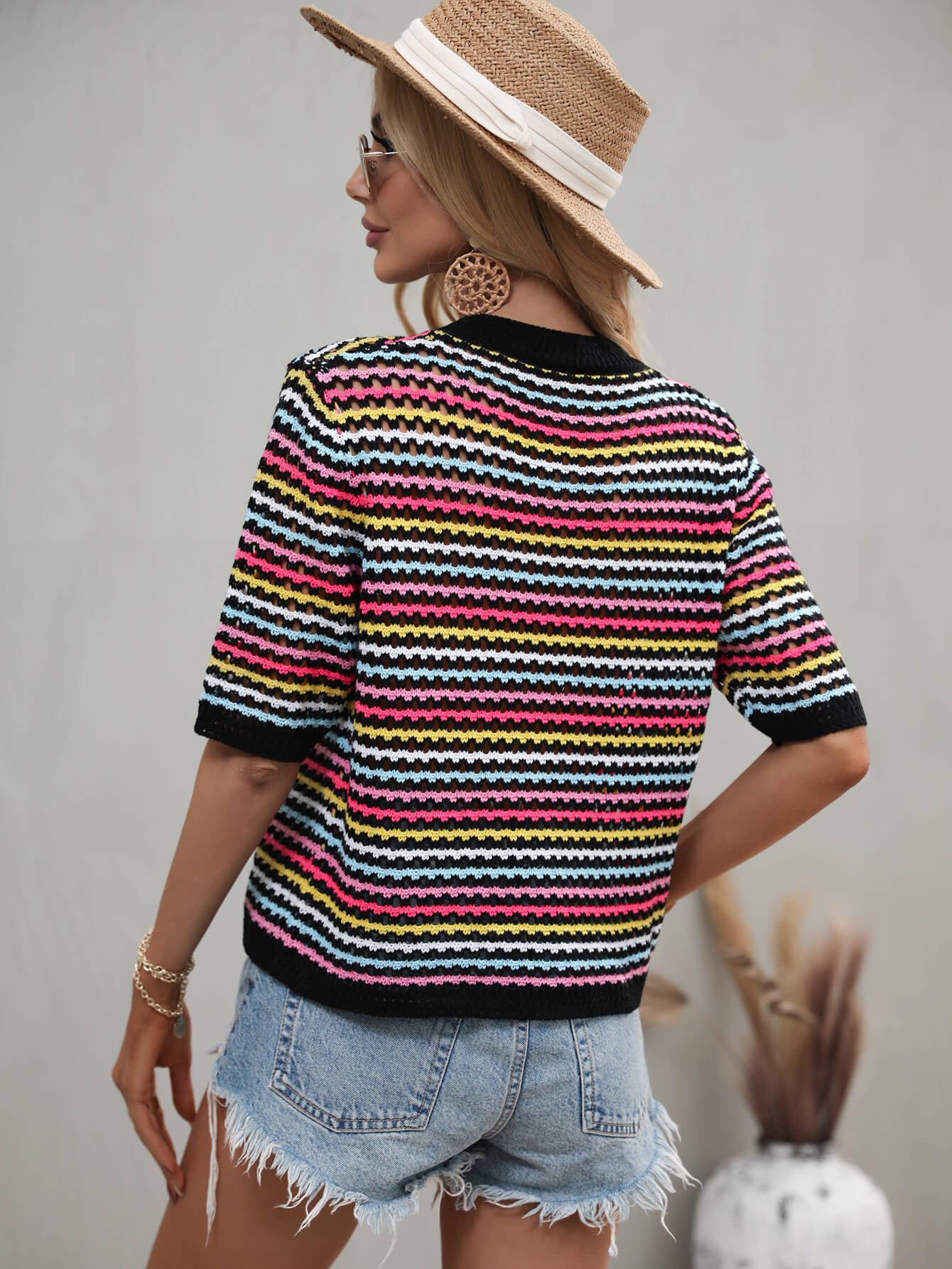 striped openwork half sleeve knit top