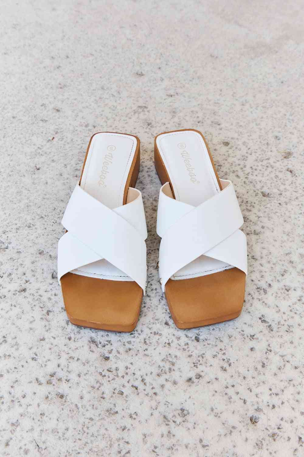 weeboo step into summer criss cross wooden clog mule in white