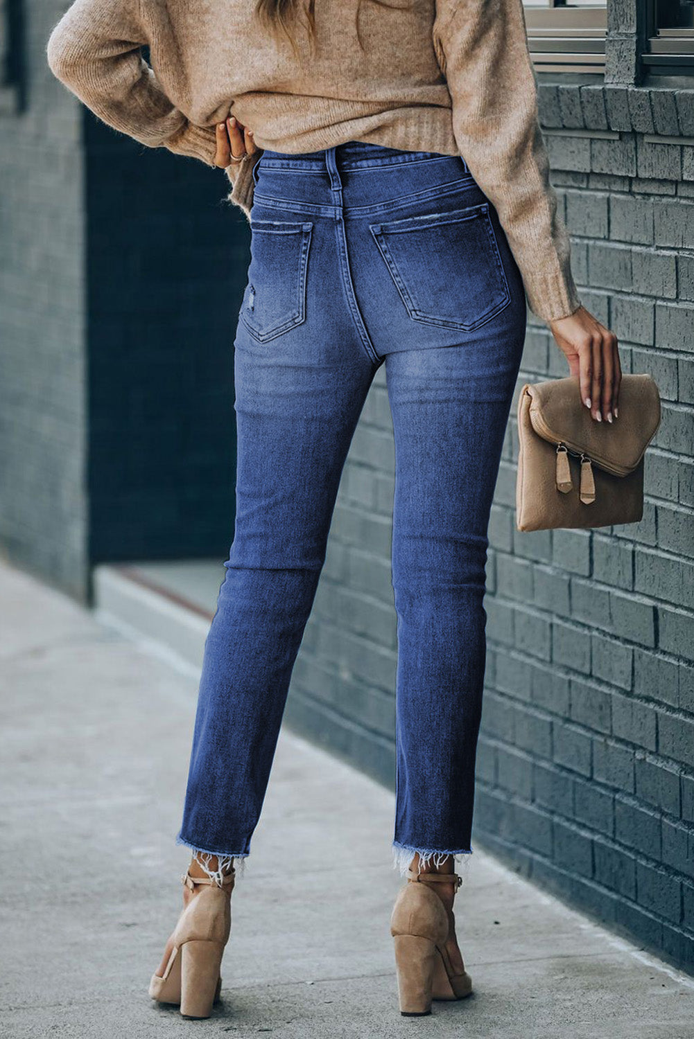 high waist raw hem skinny jeans