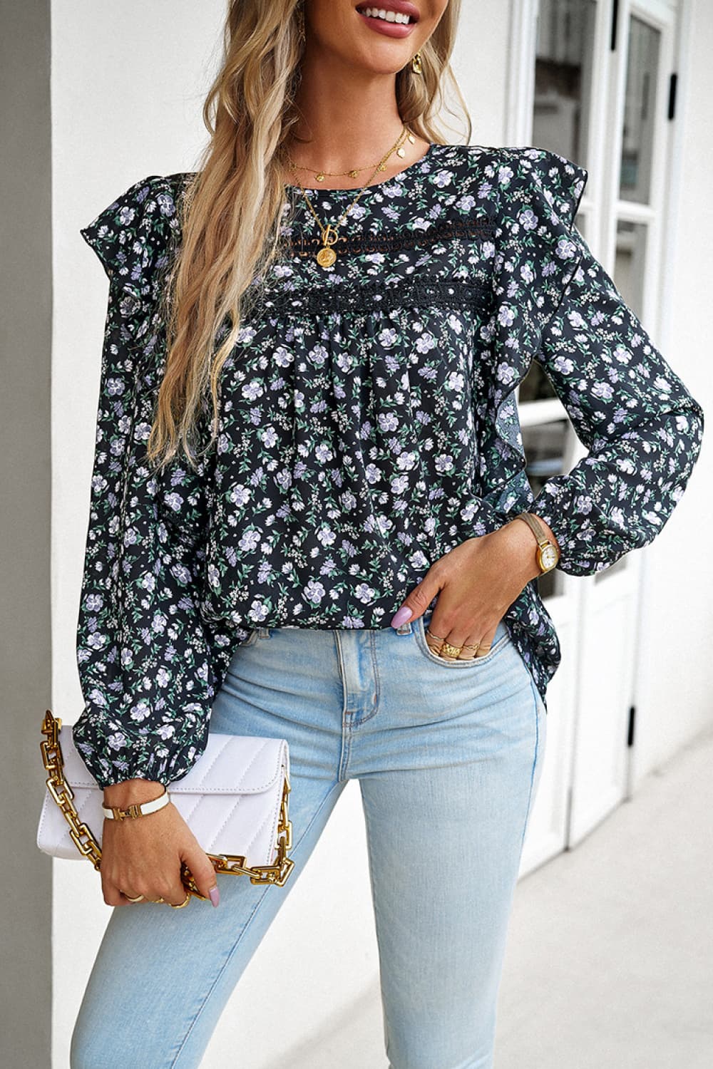 printed round neck long sleeve blouse