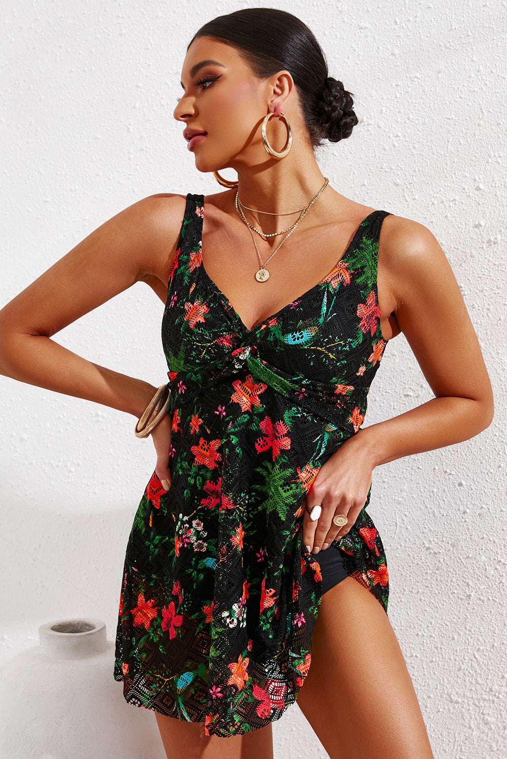 full size twist front sleeveless swim dress