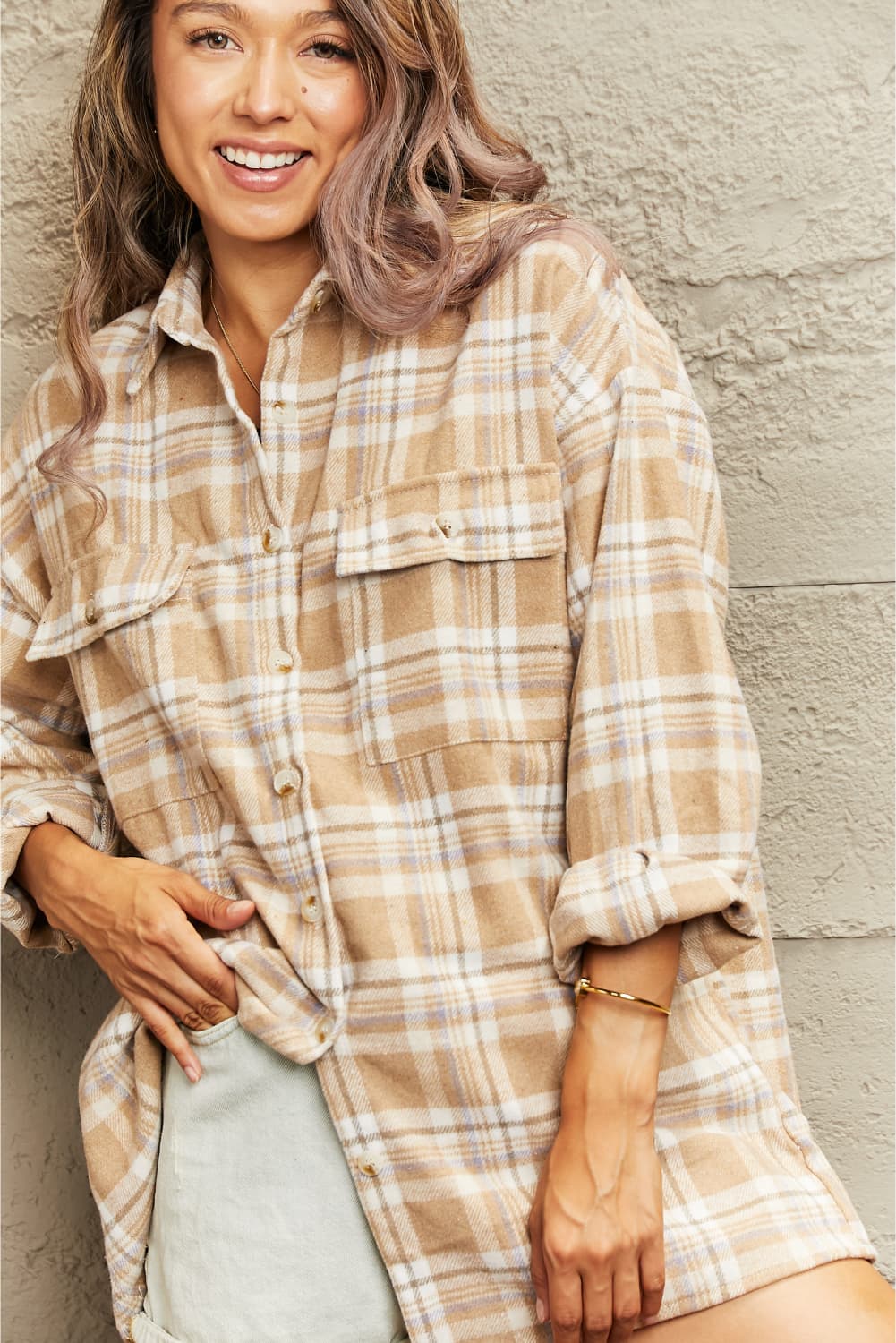 plaid dropped shoulder shirt jacket