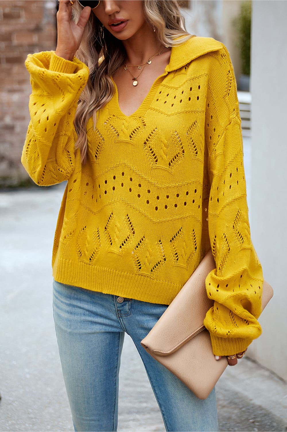 openwork long sleeve notched neck sweater