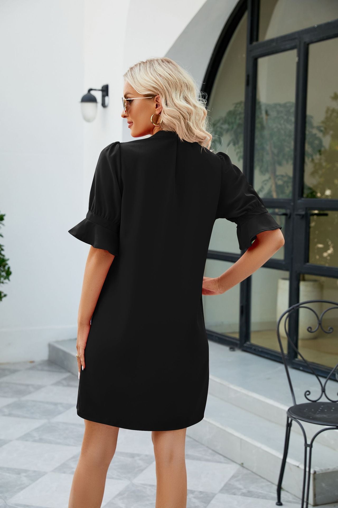 notched neck flounce sleeve mini dress