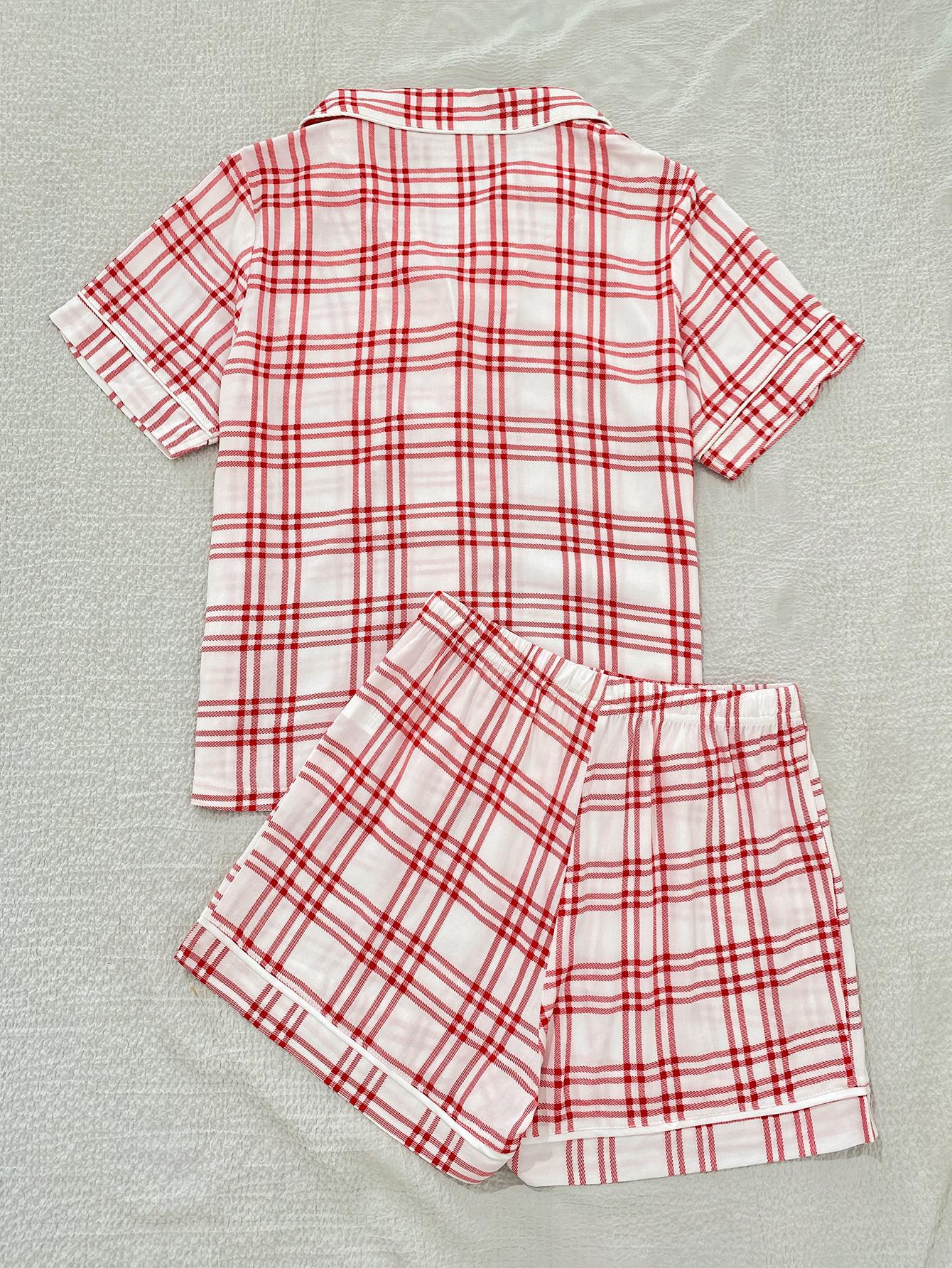 plaid lapel collar shirt and shorts lounge set