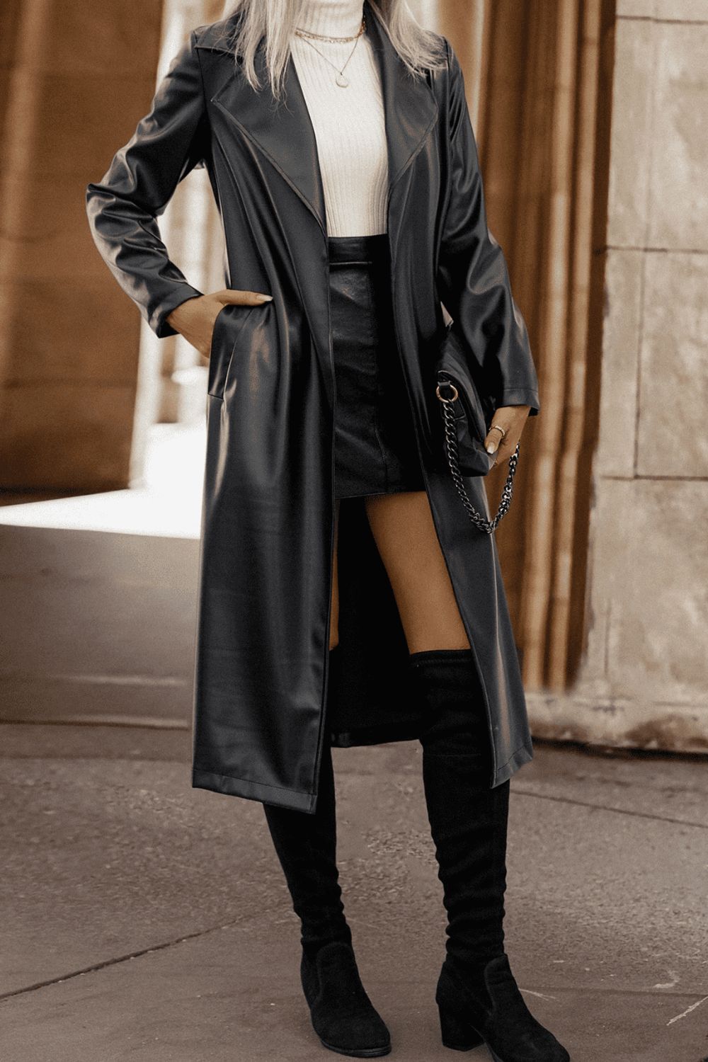 lapel collar tie waist long sleeve trench coat